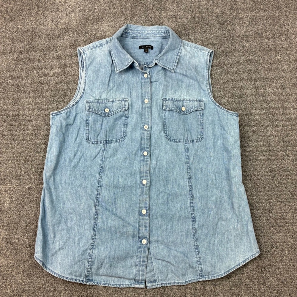 Talbots Womens Sleeveless Denim Button Down Shirt Light Wash Blue Size 14